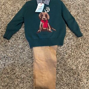 Boys Class Club Green Puppy Christmas Sweater, Shirt & Tan Corduroy Pants Set 3T